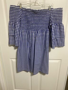 Blue Gingham Off-Shoulder Dress